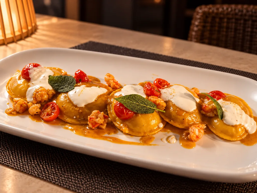 Raviolis de pescado con gambas, tomate cherry, salvia y crema de burrata